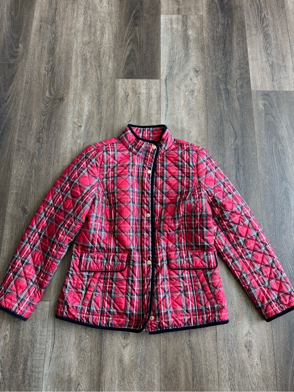 Talbots Red Plaid Quilted Puffer Jacket with Black Trim Accents Women’s Size L
